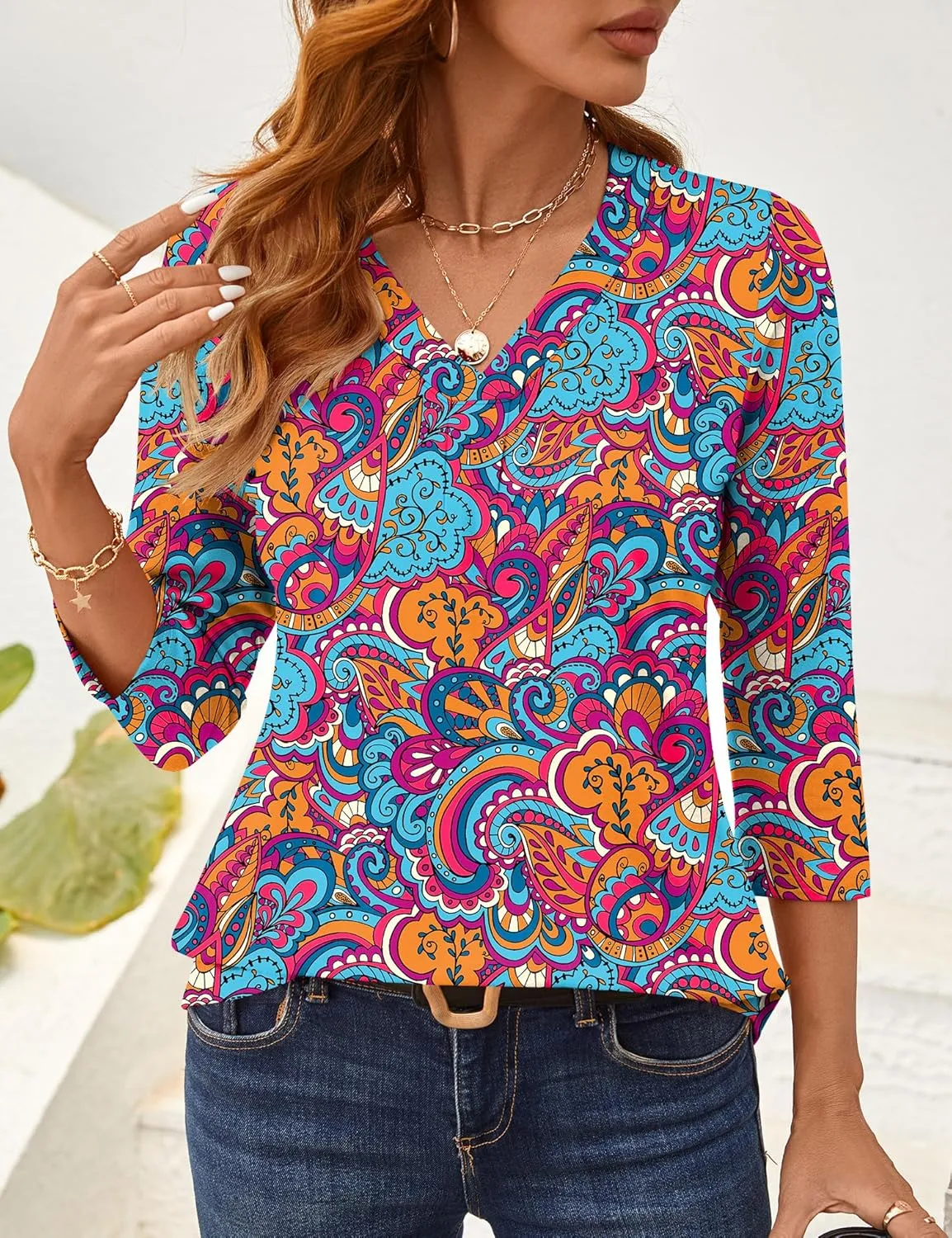 AKEWEI 3/4 Length Sleeve Womens Tops V Neck T Shirts Dressy Casual Basic Summer Tees 2025