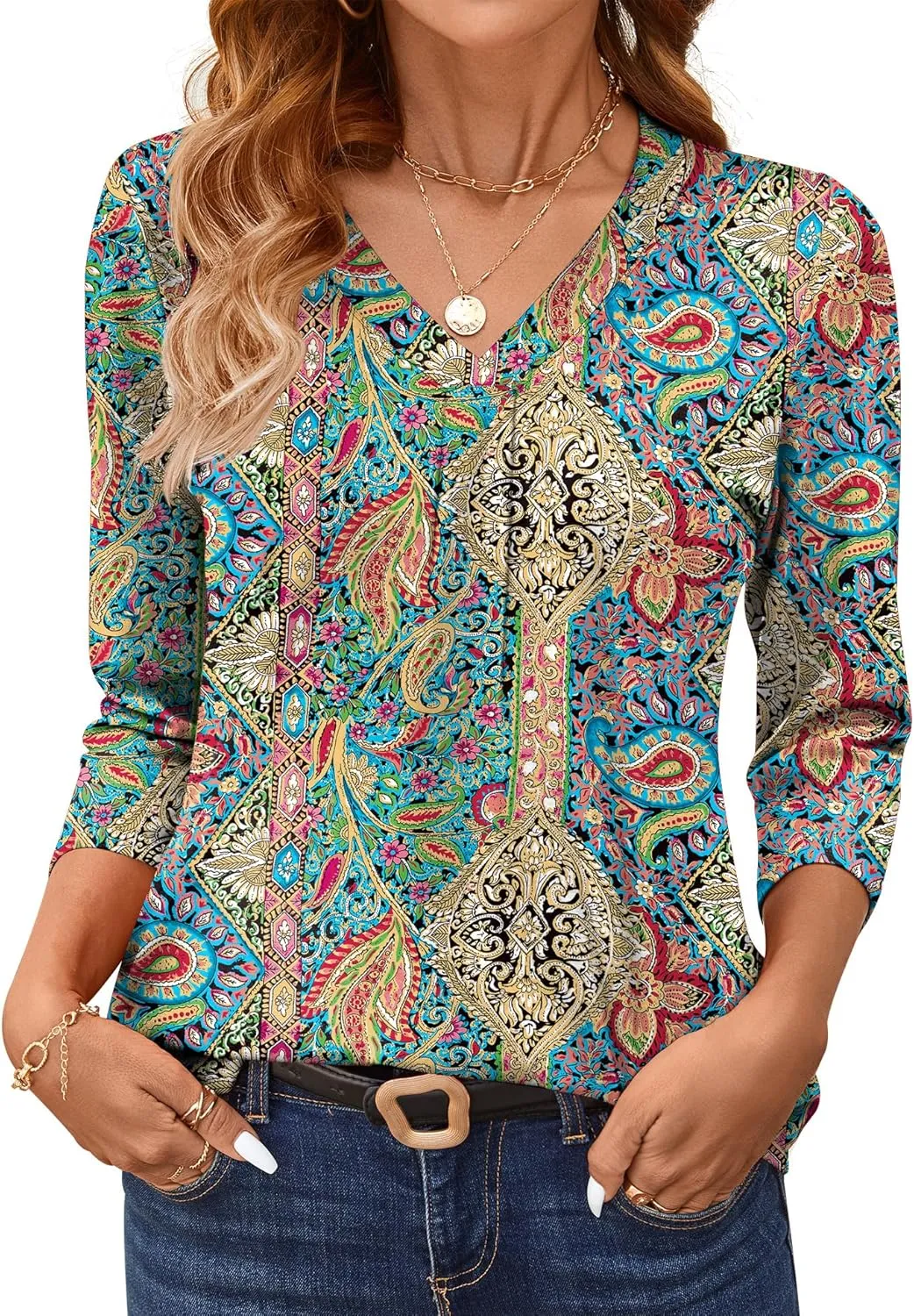 AKEWEI 3/4 Length Sleeve Womens Tops V Neck T Shirts Dressy Casual Basic Summer Tees 2025