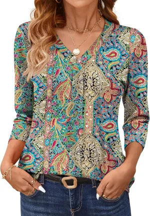 AKEWEI 3/4 Length Sleeve Womens Tops V Neck T Shirts Dressy Casual Basic Summer Tees 2025