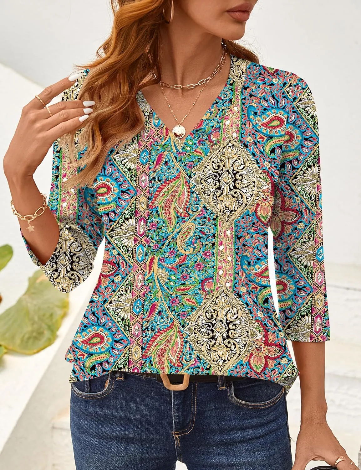 AKEWEI 3/4 Length Sleeve Womens Tops V Neck T Shirts Dressy Casual Basic Summer Tees 2025