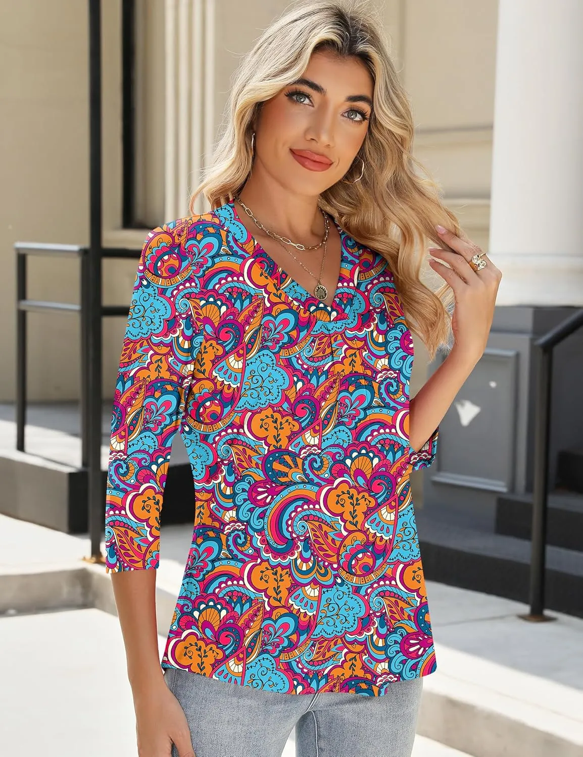 AKEWEI 3/4 Length Sleeve Womens Tops V Neck T Shirts Dressy Casual Basic Summer Tees 2025