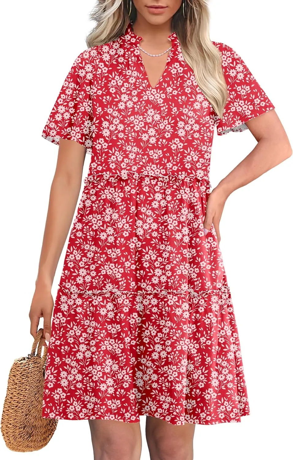 ANRABESS Womens Summer Casual Short Sleeve V Neck A line Tunic Dress Flowy Tiered Babydoll Mini Dress Beach Vacation Outfits