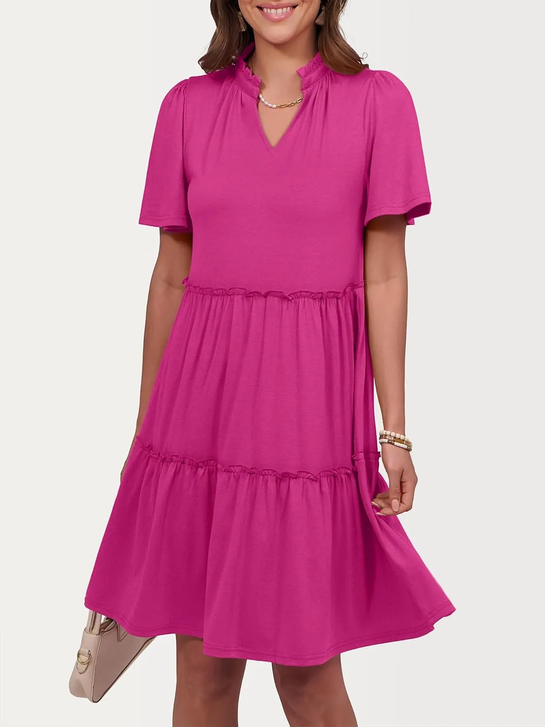 ANRABESS Womens Summer Casual Short Sleeve V Neck A line Tunic Dress Flowy Tiered Babydoll Mini Dress Beach Vacation Outfits