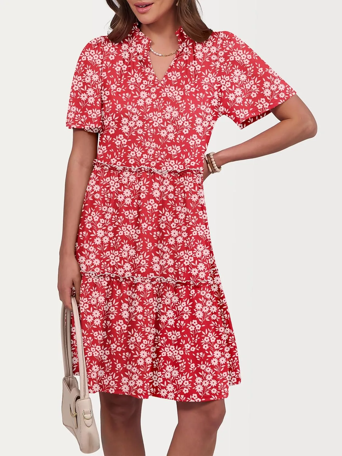 ANRABESS Womens Summer Casual Short Sleeve V Neck A line Tunic Dress Flowy Tiered Babydoll Mini Dress Beach Vacation Outfits