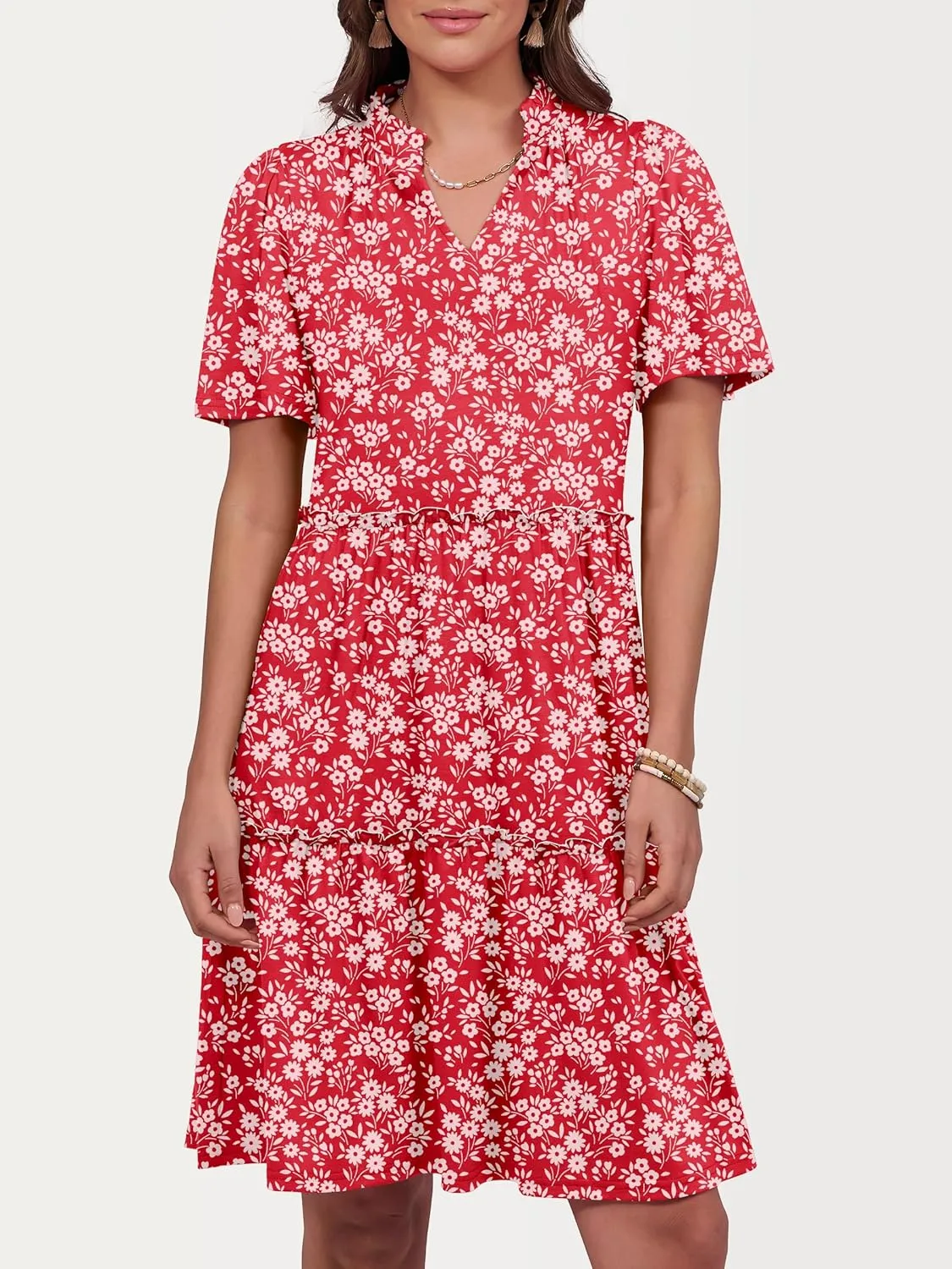 ANRABESS Womens Summer Casual Short Sleeve V Neck A line Tunic Dress Flowy Tiered Babydoll Mini Dress Beach Vacation Outfits