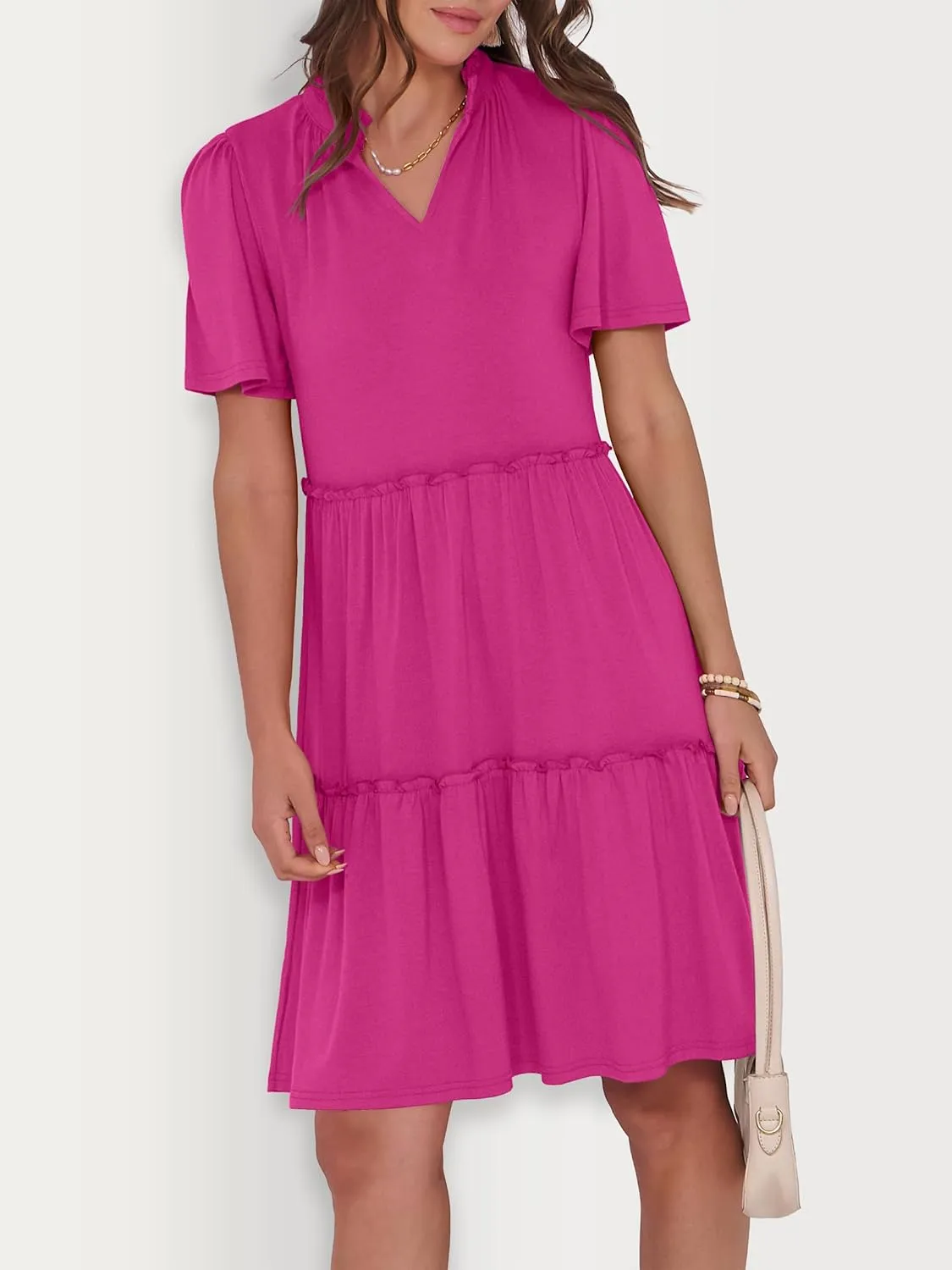 ANRABESS Womens Summer Casual Short Sleeve V Neck A line Tunic Dress Flowy Tiered Babydoll Mini Dress Beach Vacation Outfits