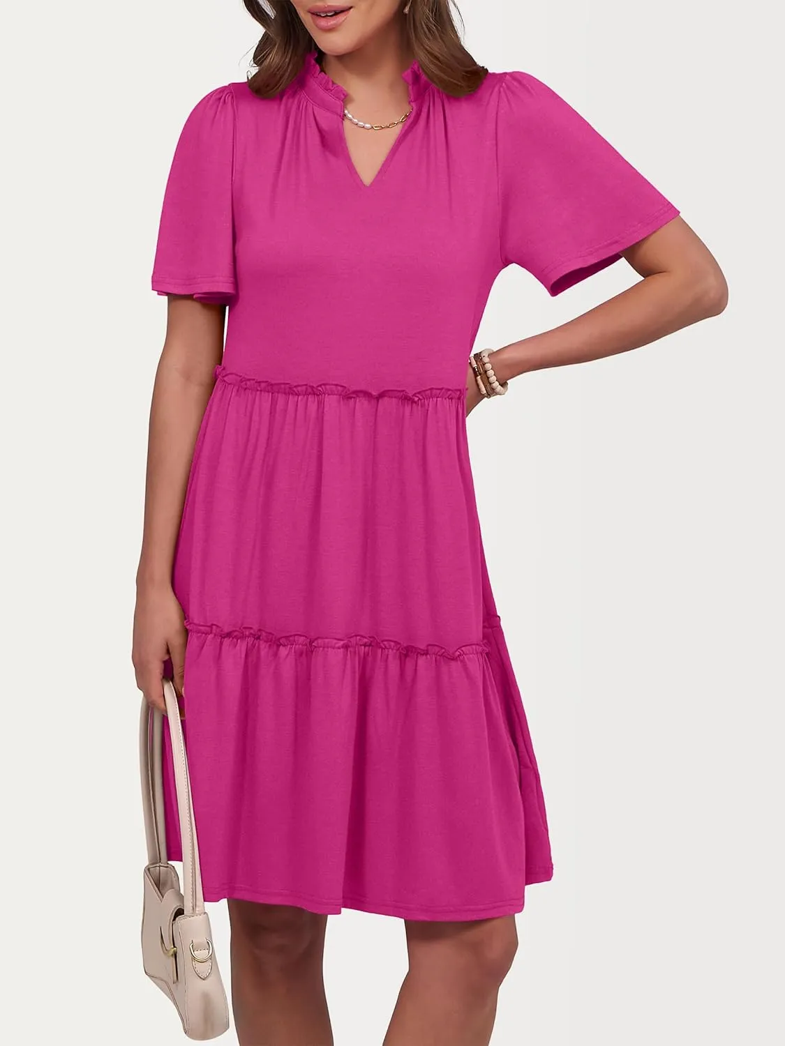 ANRABESS Womens Summer Casual Short Sleeve V Neck A line Tunic Dress Flowy Tiered Babydoll Mini Dress Beach Vacation Outfits
