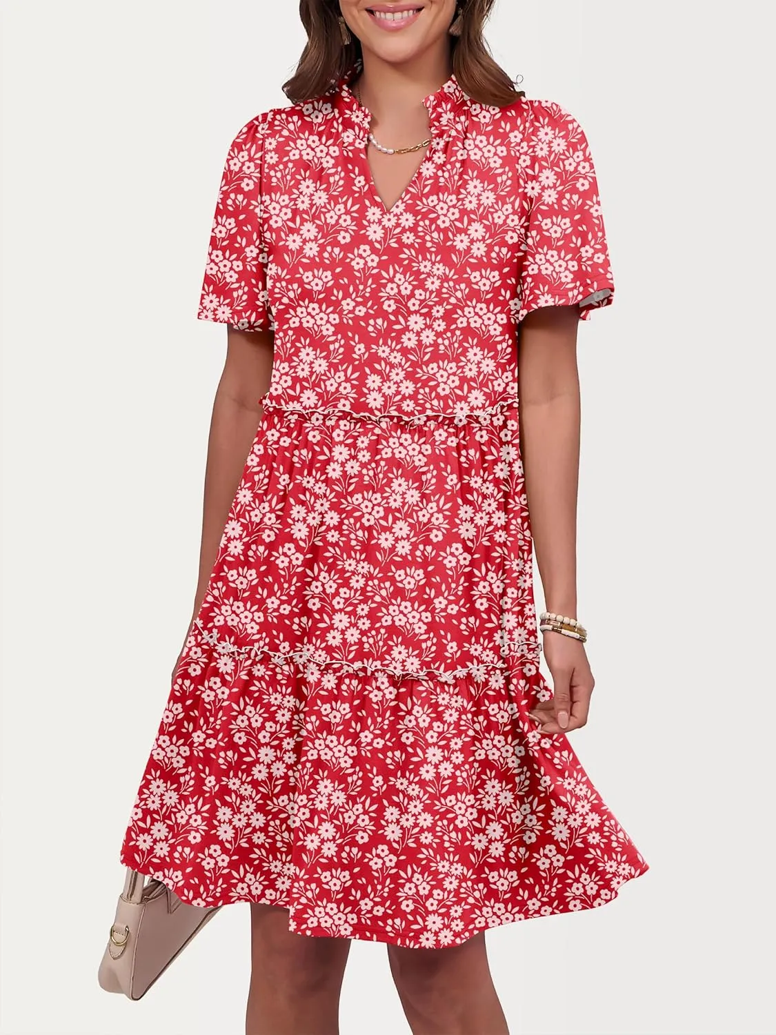 ANRABESS Womens Summer Casual Short Sleeve V Neck A line Tunic Dress Flowy Tiered Babydoll Mini Dress Beach Vacation Outfits