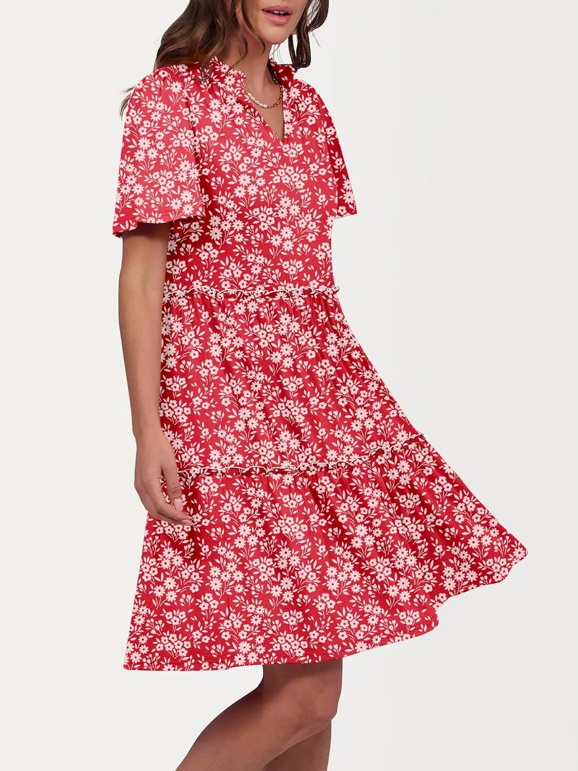 ANRABESS Womens Summer Casual Short Sleeve V Neck A line Tunic Dress Flowy Tiered Babydoll Mini Dress Beach Vacation Outfits