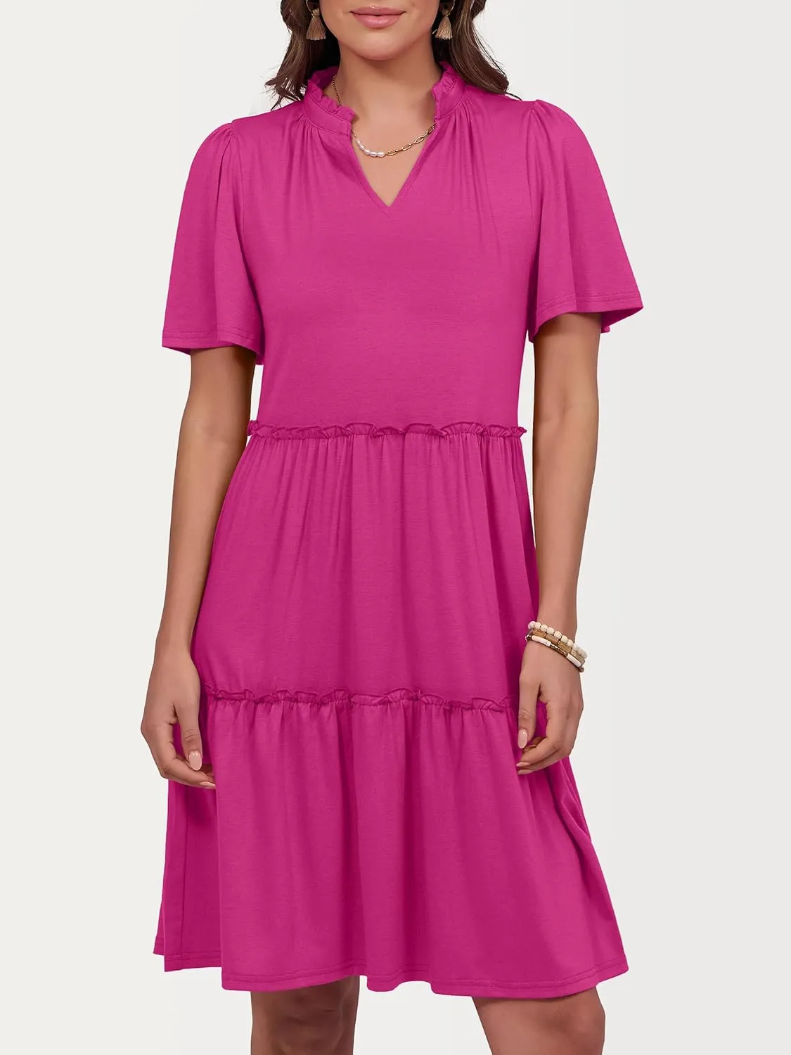 ANRABESS Womens Summer Casual Short Sleeve V Neck A line Tunic Dress Flowy Tiered Babydoll Mini Dress Beach Vacation Outfits