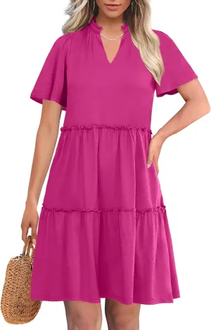 ANRABESS Womens Summer Casual Short Sleeve V Neck A line Tunic Dress Flowy Tiered Babydoll Mini Dress Beach Vacation Outfits
