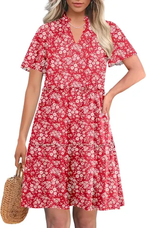 ANRABESS Womens Summer Casual Short Sleeve V Neck A line Tunic Dress Flowy Tiered Babydoll Mini Dress Beach Vacation Outfits