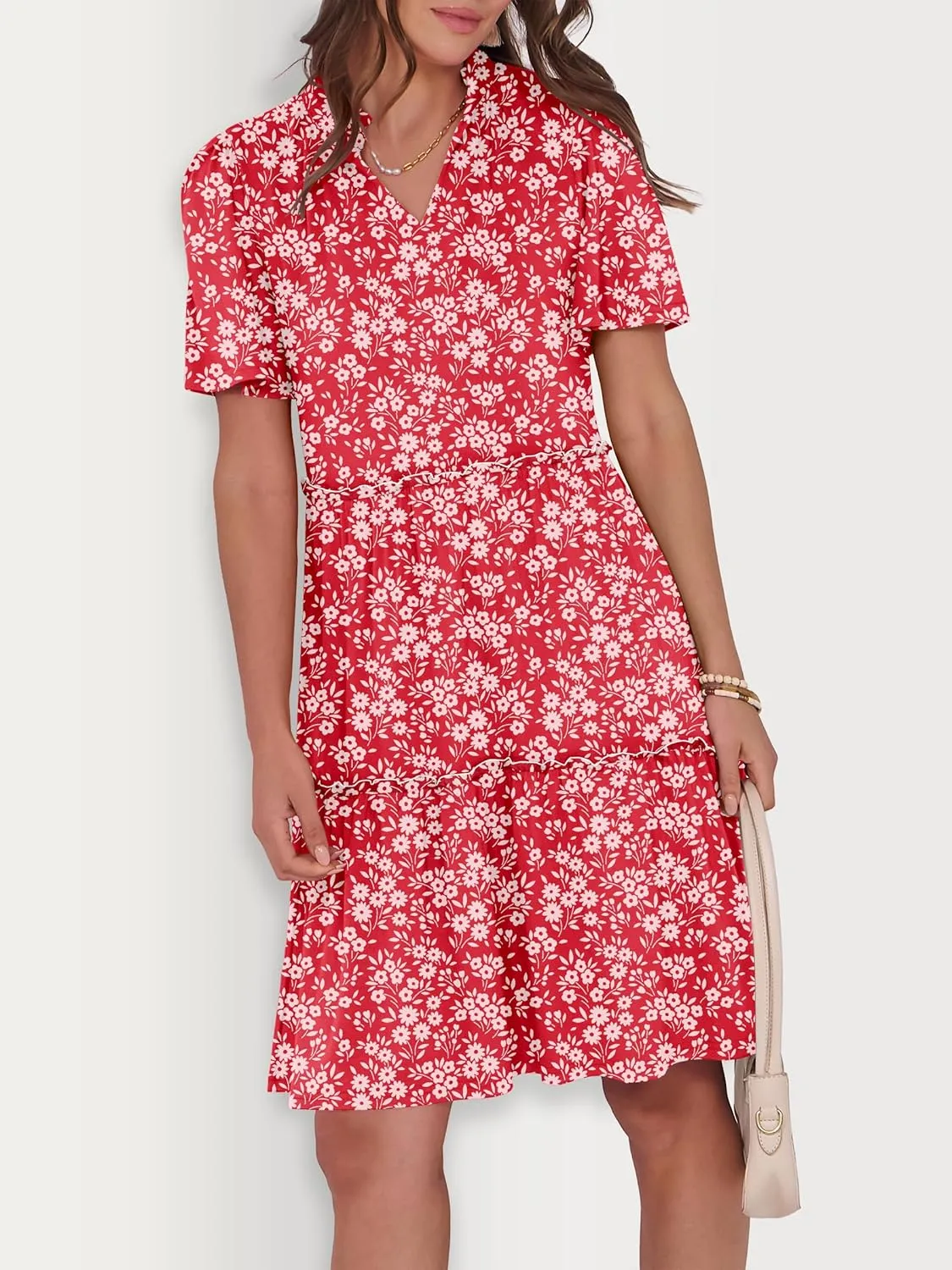 ANRABESS Womens Summer Casual Short Sleeve V Neck A line Tunic Dress Flowy Tiered Babydoll Mini Dress Beach Vacation Outfits