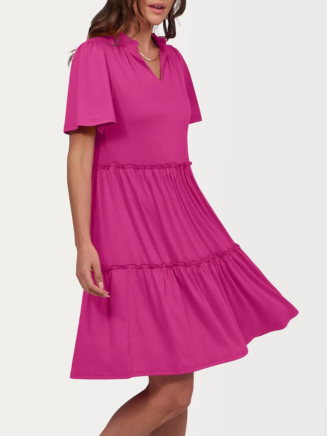 ANRABESS Womens Summer Casual Short Sleeve V Neck A line Tunic Dress Flowy Tiered Babydoll Mini Dress Beach Vacation Outfits