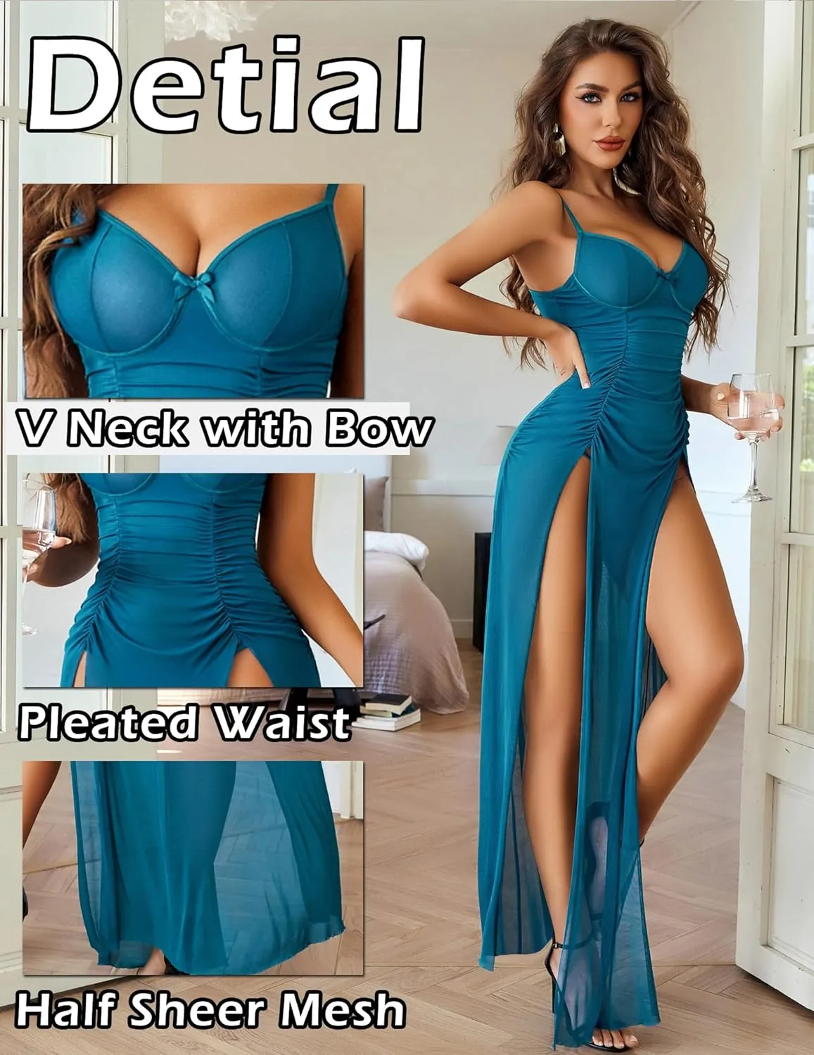 Avidlove Sexy Nightgown for Women Mesh Floral Slit Pleated Lingerie V Neck Long Dress