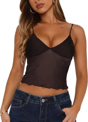 Avidlove Sexy Sheer Tops for Women Mesh Crop Tops See Through V Neck Cami Spaghetti Strap Bralette Tank Top