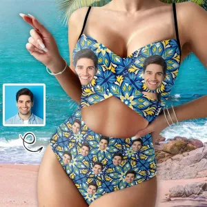 Custom Face Blue Flower Women's One Piece Swimsuit Twist Cutout Front Crisscross Lace Up Back Face Bathing Suit