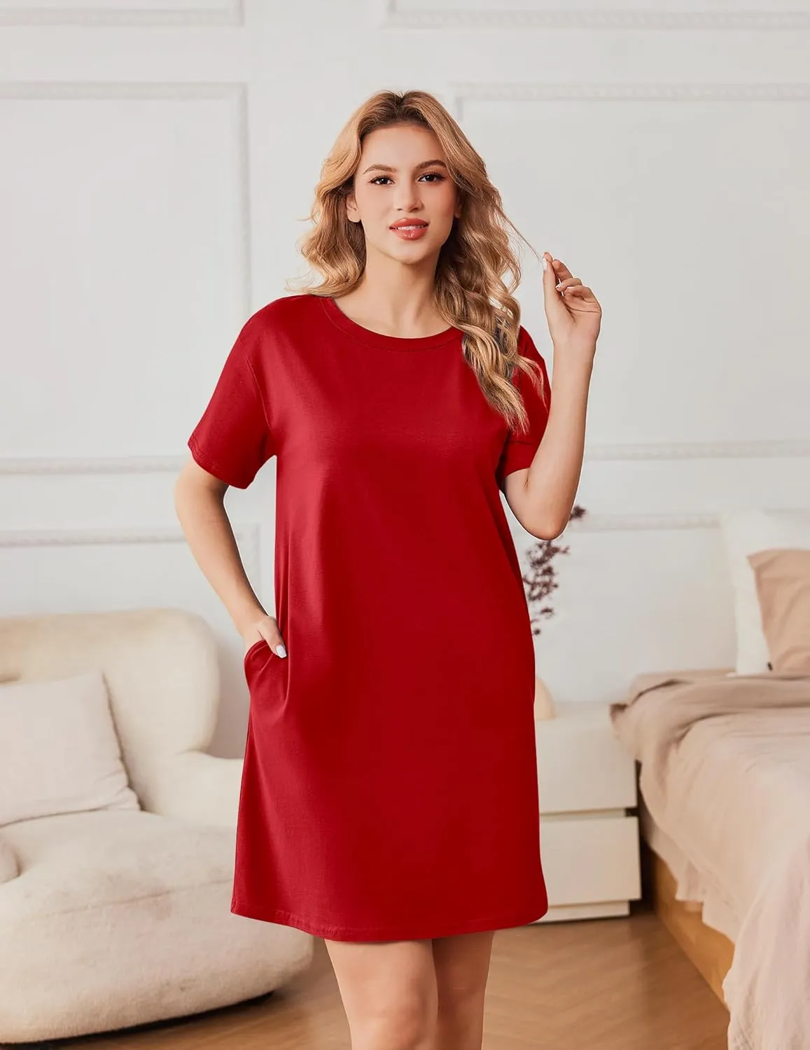 Ekouaer Nightgowns for Women Cotton Sleep Shirts Tshirt Nightshirt Casual Sleepdress Pullover Sleepwear Dress with Pockets