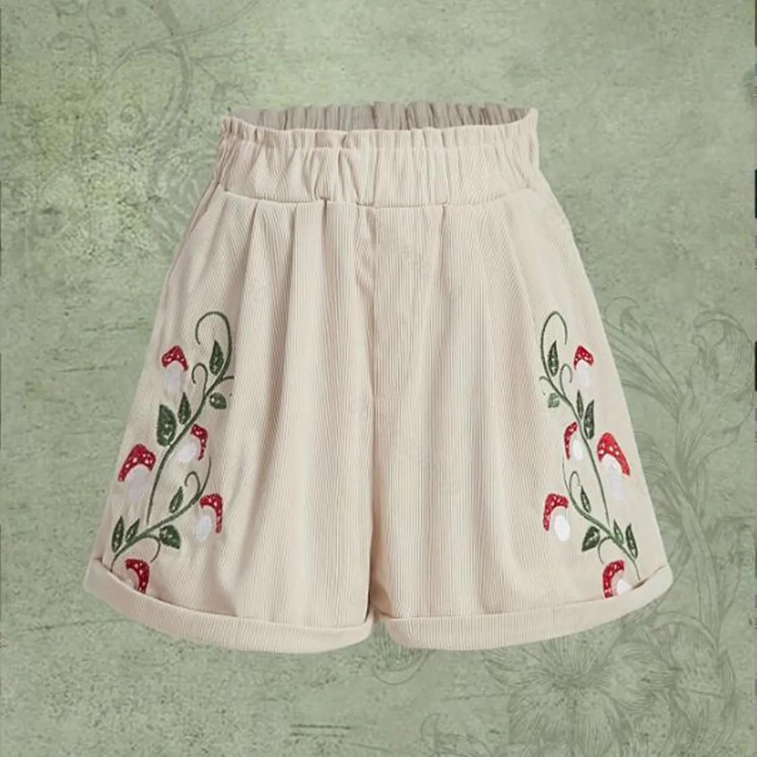 Embroidery Corduroy Shorts for Women Cute Mushroom Graphic Shirts Summer Casual Wide Leg Elastic Waist Ruffle Shorts