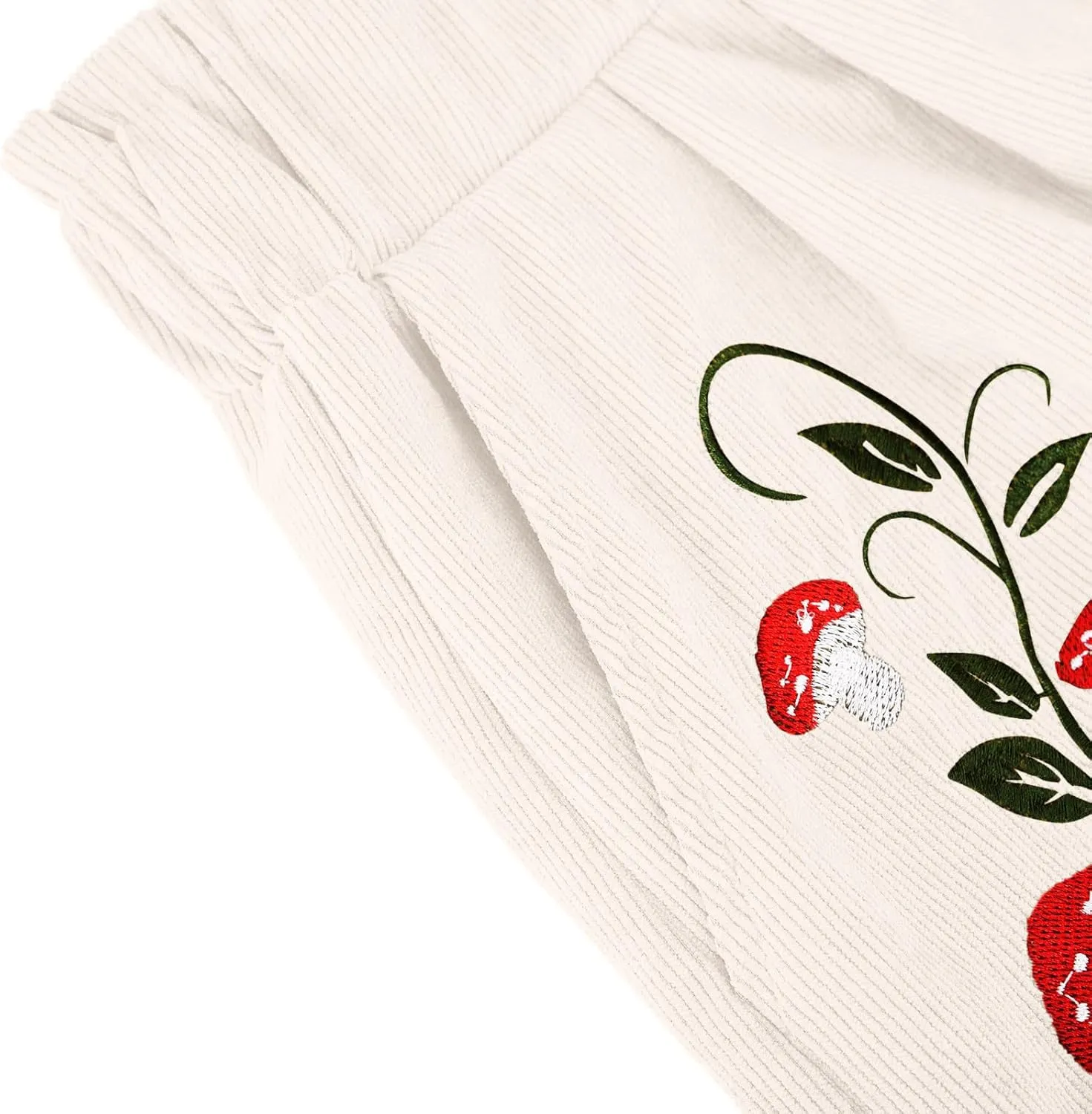 Embroidery Corduroy Shorts for Women Cute Mushroom Graphic Shirts Summer Casual Wide Leg Elastic Waist Ruffle Shorts