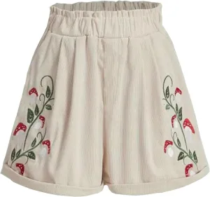 Embroidery Corduroy Shorts for Women Cute Mushroom Graphic Shirts Summer Casual Wide Leg Elastic Waist Ruffle Shorts