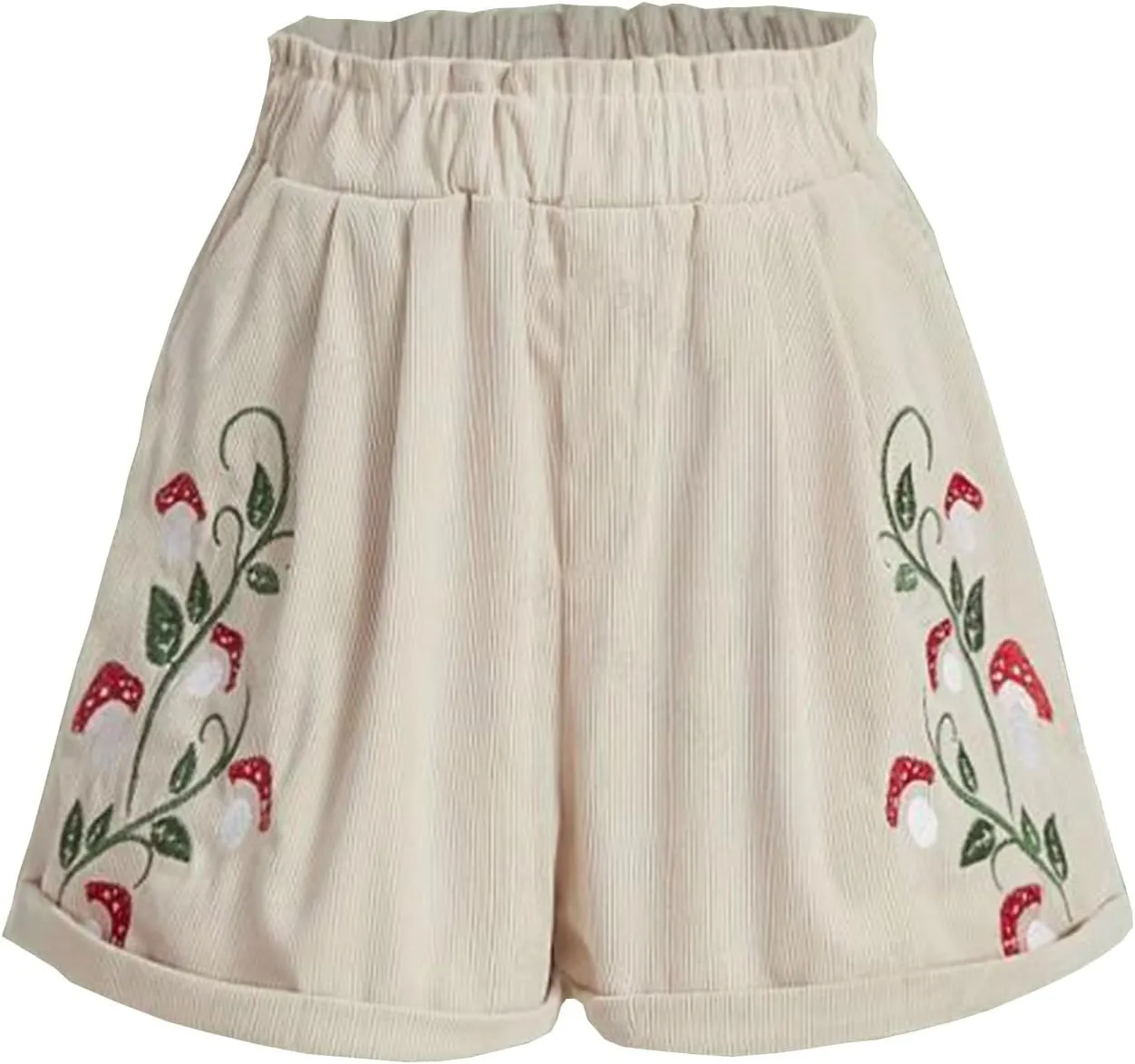 Embroidery Corduroy Shorts for Women Cute Mushroom Graphic Shirts Summer Casual Wide Leg Elastic Waist Ruffle Shorts