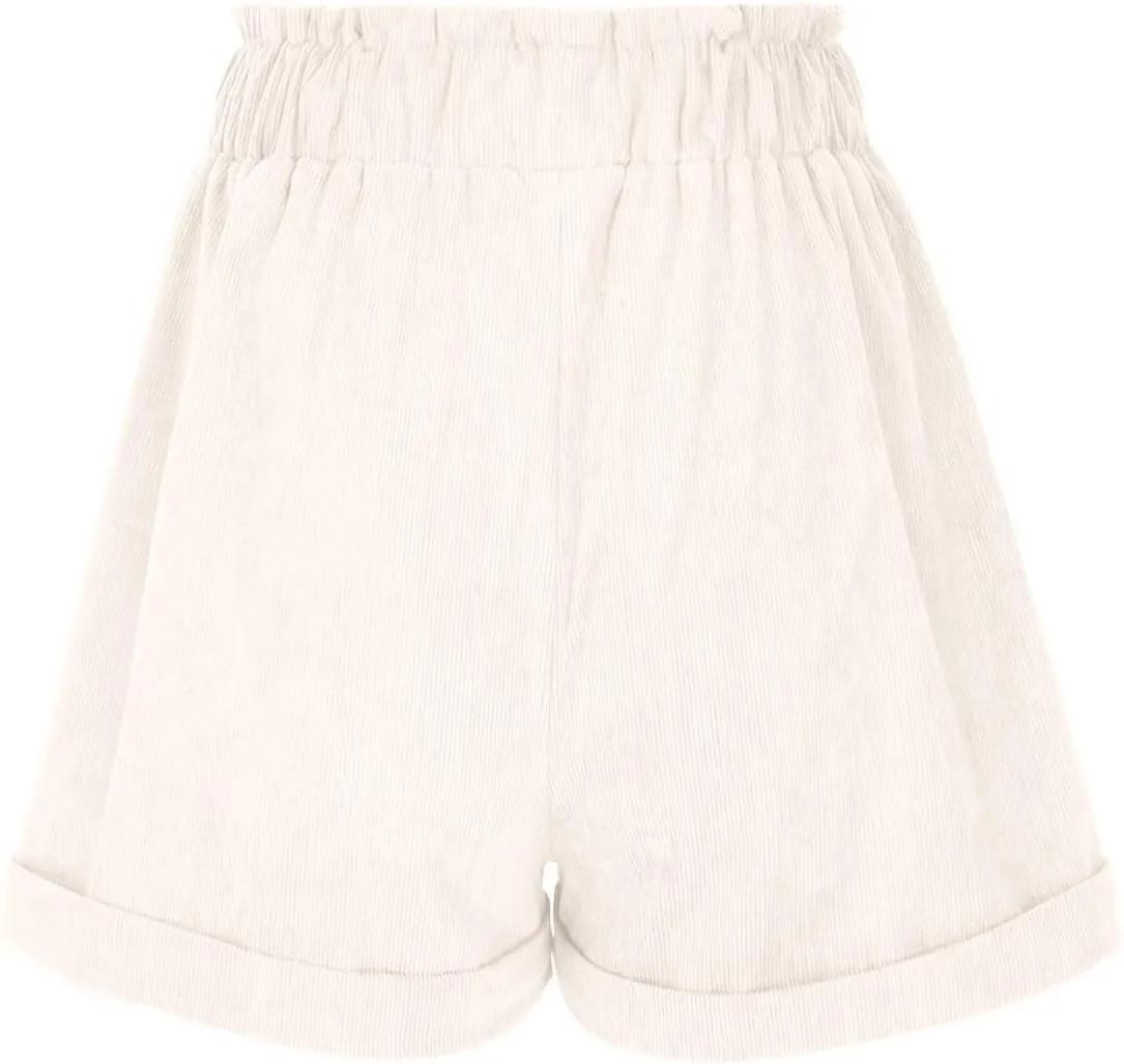 Embroidery Corduroy Shorts for Women Cute Mushroom Graphic Shirts Summer Casual Wide Leg Elastic Waist Ruffle Shorts