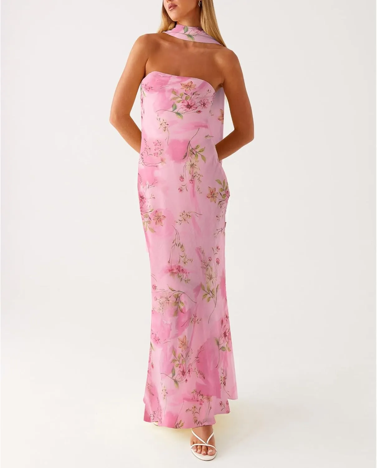 Floral Strapless Maxi Dress with Neck Scarf Sexy Backless Bodycon Tube Formal Long Dresses Flower Mesh Summer Sundress