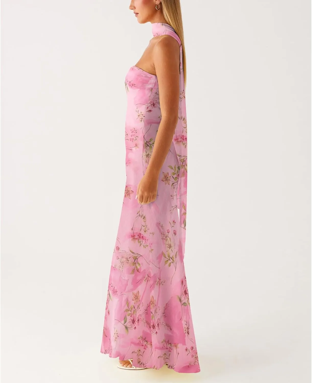 Floral Strapless Maxi Dress with Neck Scarf Sexy Backless Bodycon Tube Formal Long Dresses Flower Mesh Summer Sundress