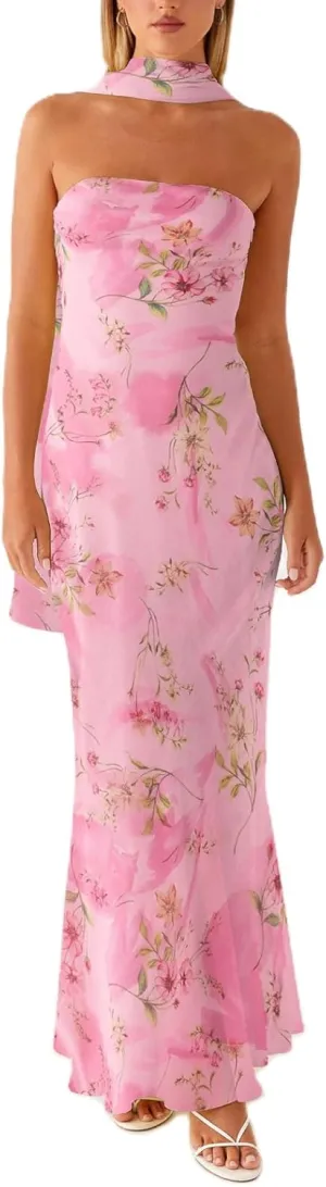Floral Strapless Maxi Dress with Neck Scarf Sexy Backless Bodycon Tube Formal Long Dresses Flower Mesh Summer Sundress