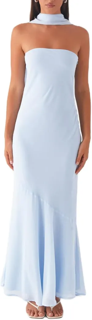 Floral Strapless Maxi Dress with Neck Scarf Sexy Backless Bodycon Tube Formal Long Dresses Flower Mesh Summer Sundress