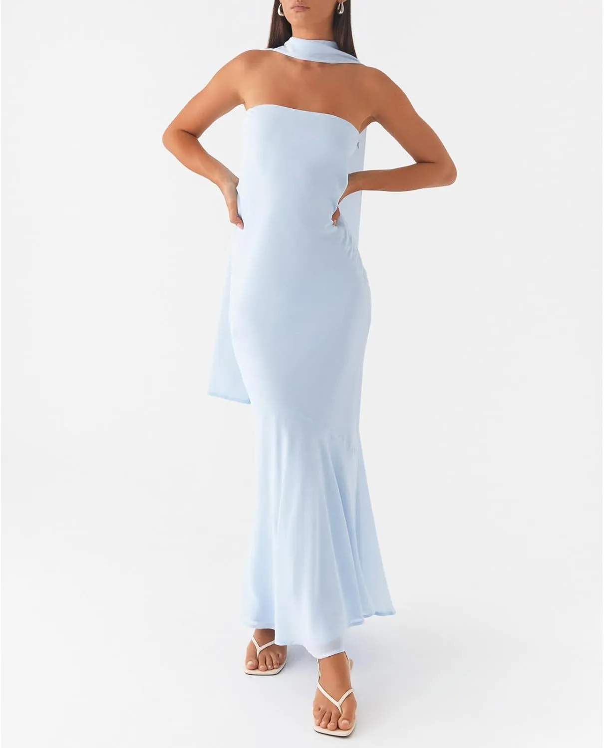 Floral Strapless Maxi Dress with Neck Scarf Sexy Backless Bodycon Tube Formal Long Dresses Flower Mesh Summer Sundress