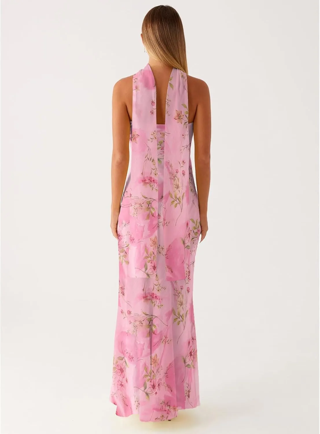 Floral Strapless Maxi Dress with Neck Scarf Sexy Backless Bodycon Tube Formal Long Dresses Flower Mesh Summer Sundress