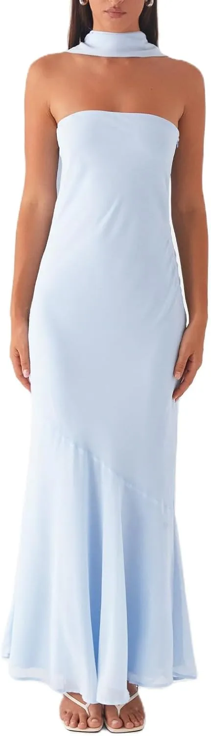 Floral Strapless Maxi Dress with Neck Scarf Sexy Backless Bodycon Tube Formal Long Dresses Flower Mesh Summer Sundress