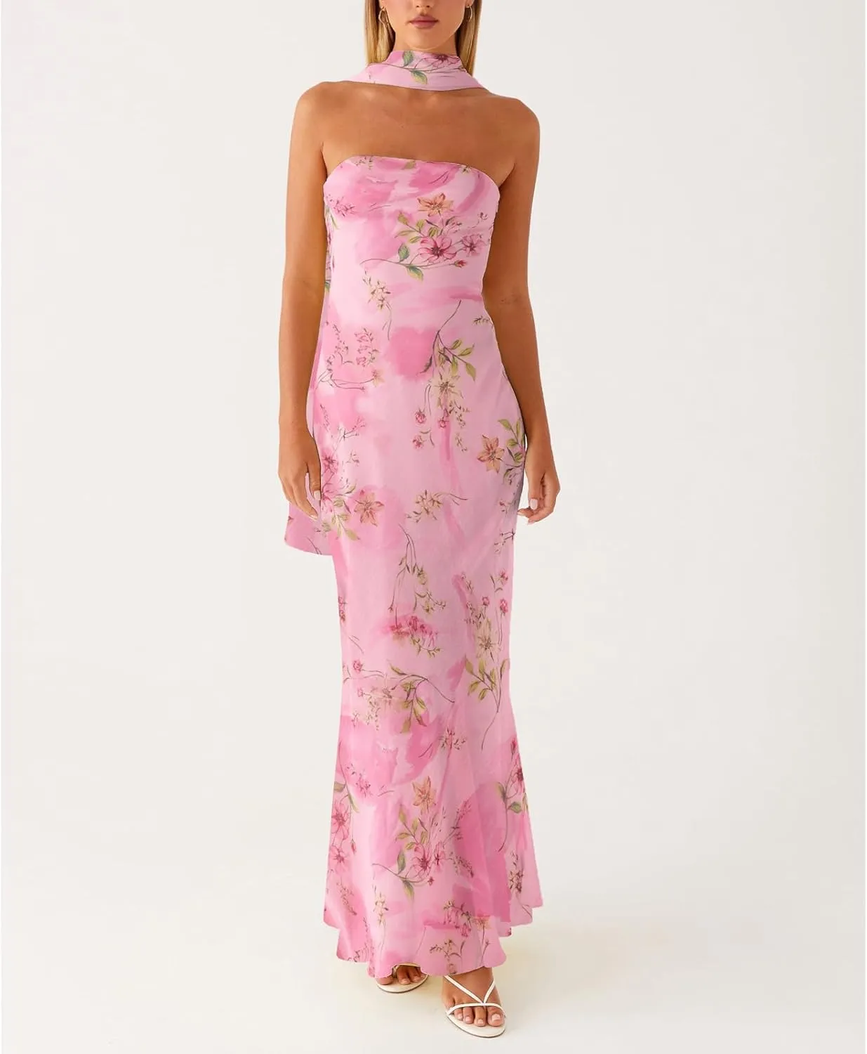Floral Strapless Maxi Dress with Neck Scarf Sexy Backless Bodycon Tube Formal Long Dresses Flower Mesh Summer Sundress