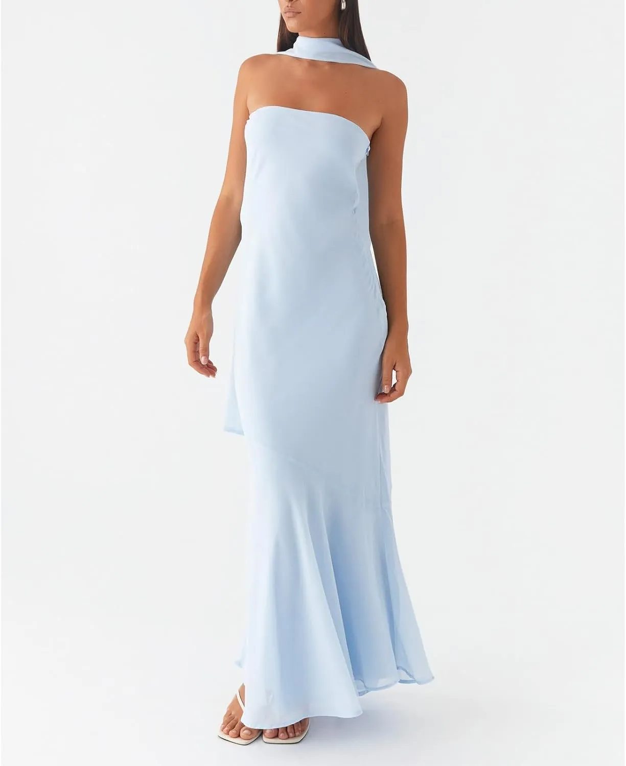 Floral Strapless Maxi Dress with Neck Scarf Sexy Backless Bodycon Tube Formal Long Dresses Flower Mesh Summer Sundress