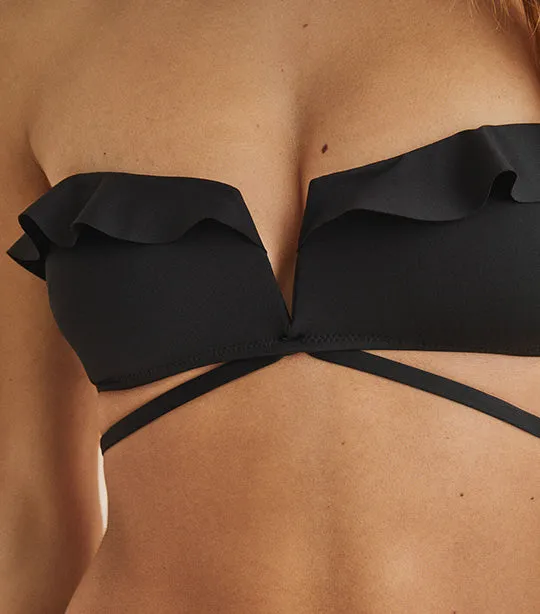 Flounced Bandeau Bikini Top Black