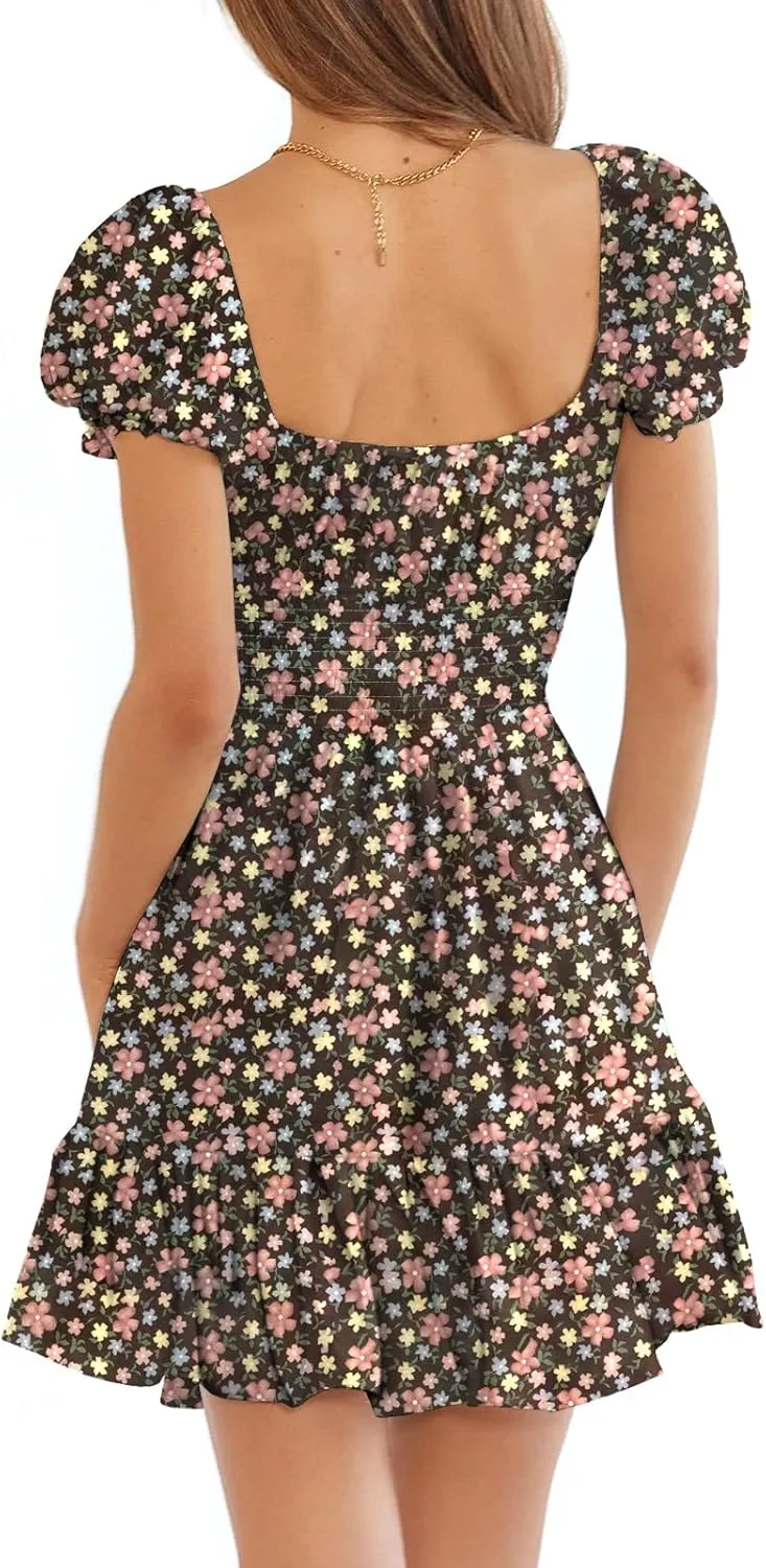 Heysolo Womens Boho Floral Smocked Square Neck Short Sleeve Ruffle Beach Summer Mini Dress