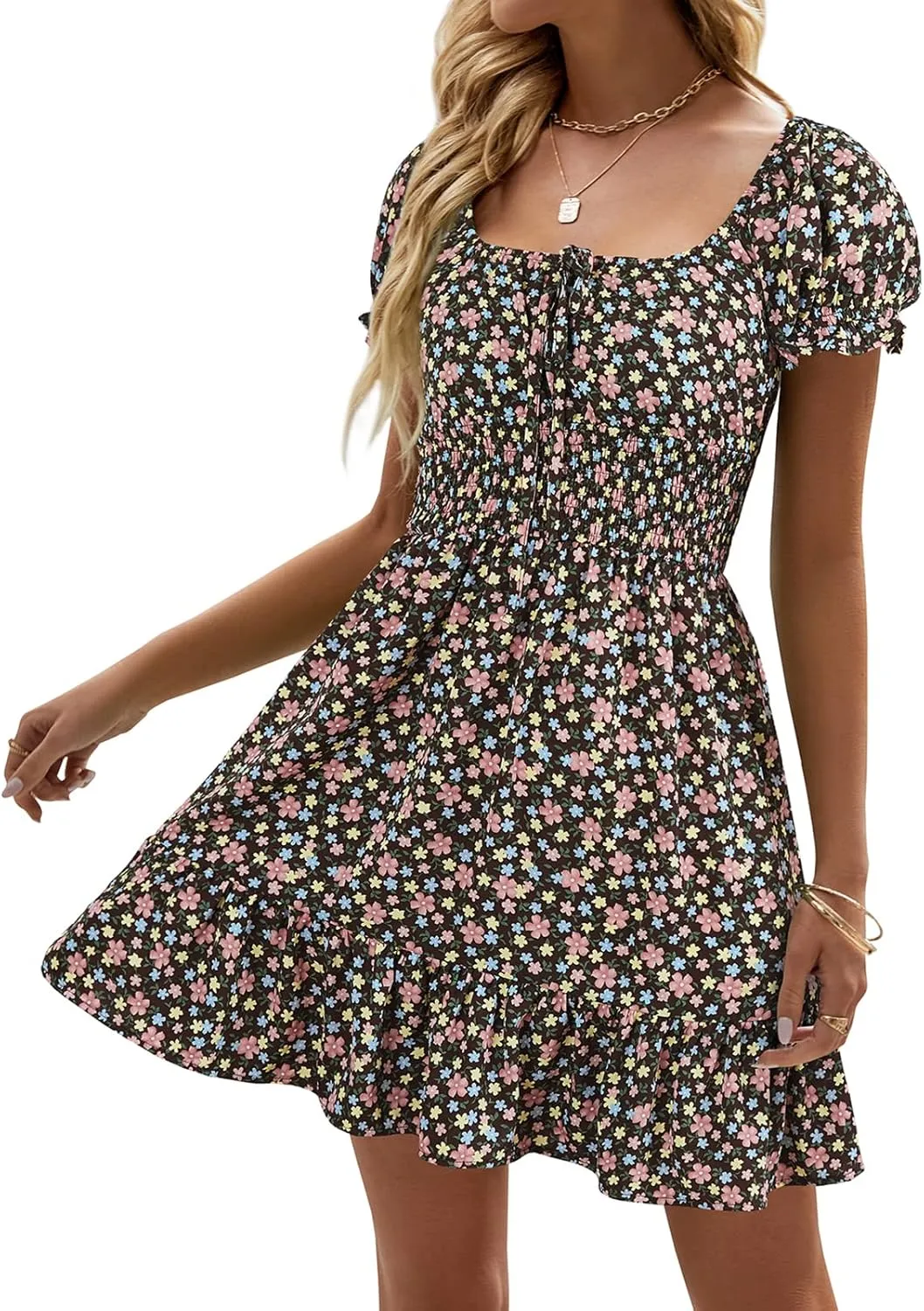 Heysolo Womens Boho Floral Smocked Square Neck Short Sleeve Ruffle Beach Summer Mini Dress