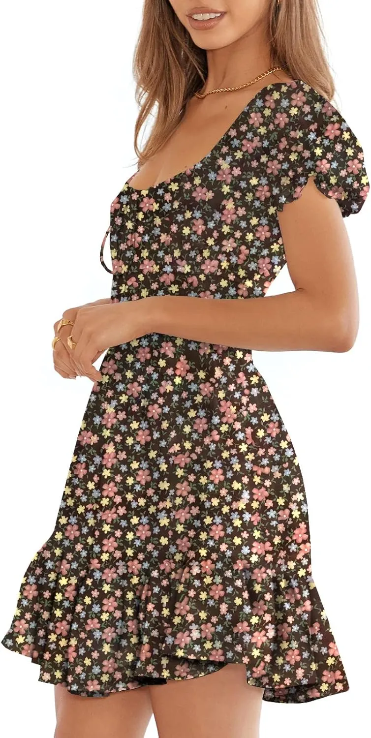 Heysolo Womens Boho Floral Smocked Square Neck Short Sleeve Ruffle Beach Summer Mini Dress