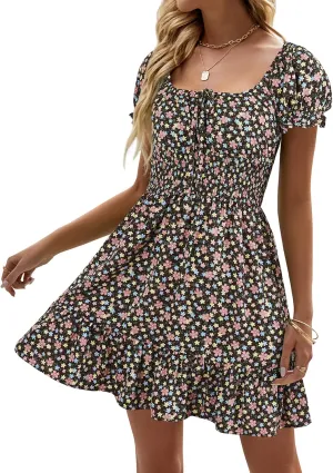 Heysolo Womens Boho Floral Smocked Square Neck Short Sleeve Ruffle Beach Summer Mini Dress