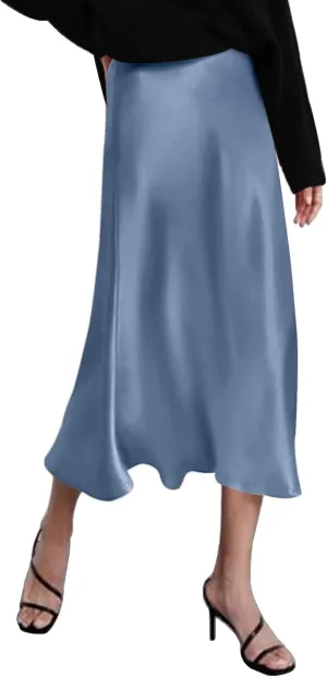HOTOUCH Womens Midi Skirt High Waisted Solid Satin Dress Zipper Elegant Work Skirts