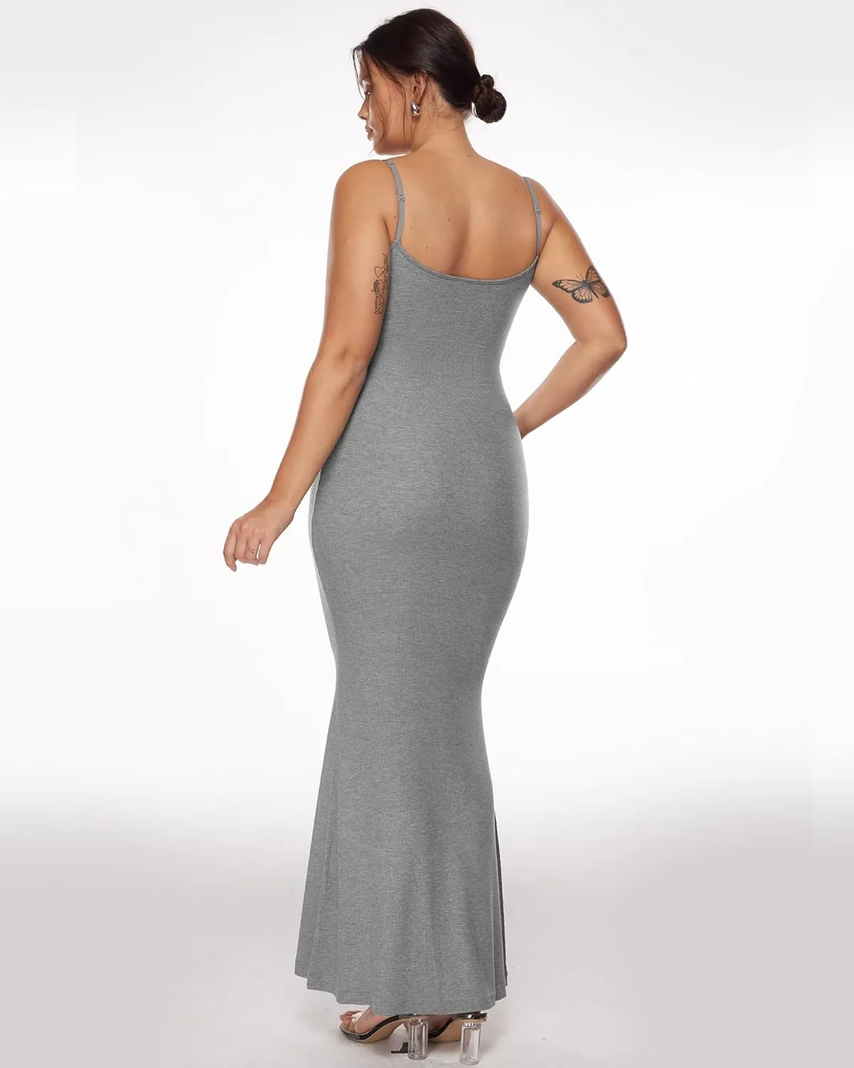 INLYRIC Women's Maxi Bodycon Dress Lounge Slip Spaghetti Strap Long Dresses Tank Ribbed Tight Dress Casual