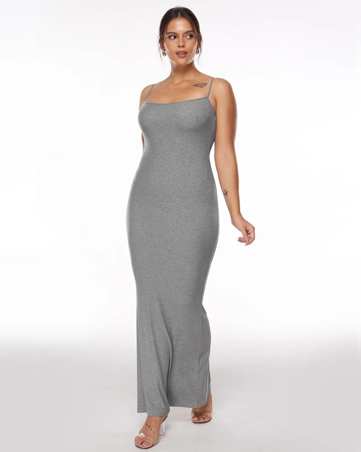 INLYRIC Women's Maxi Bodycon Dress Lounge Slip Spaghetti Strap Long Dresses Tank Ribbed Tight Dress Casual