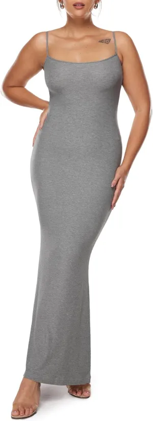 INLYRIC Women's Maxi Bodycon Dress Lounge Slip Spaghetti Strap Long Dresses Tank Ribbed Tight Dress Casual
