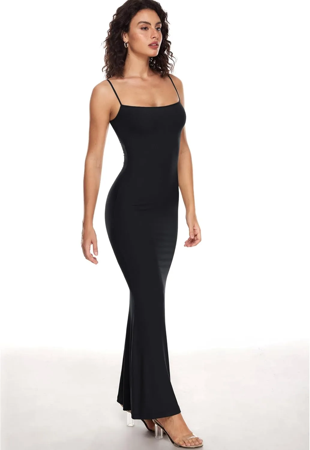 INLYRIC Women's Maxi Bodycon Dress Lounge Slip Spaghetti Strap Long Dresses Tank Ribbed Tight Dress Casual
