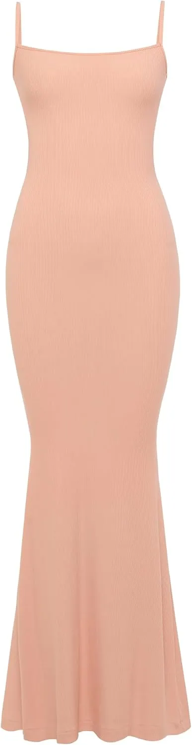 INLYRIC Women's Maxi Bodycon Dress Lounge Slip Spaghetti Strap Long Dresses Tank Ribbed Tight Dress Casual