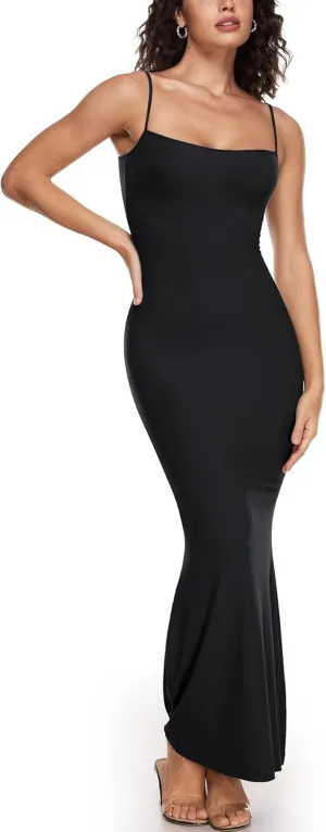 INLYRIC Women's Maxi Bodycon Dress Lounge Slip Spaghetti Strap Long Dresses Tank Ribbed Tight Dress Casual