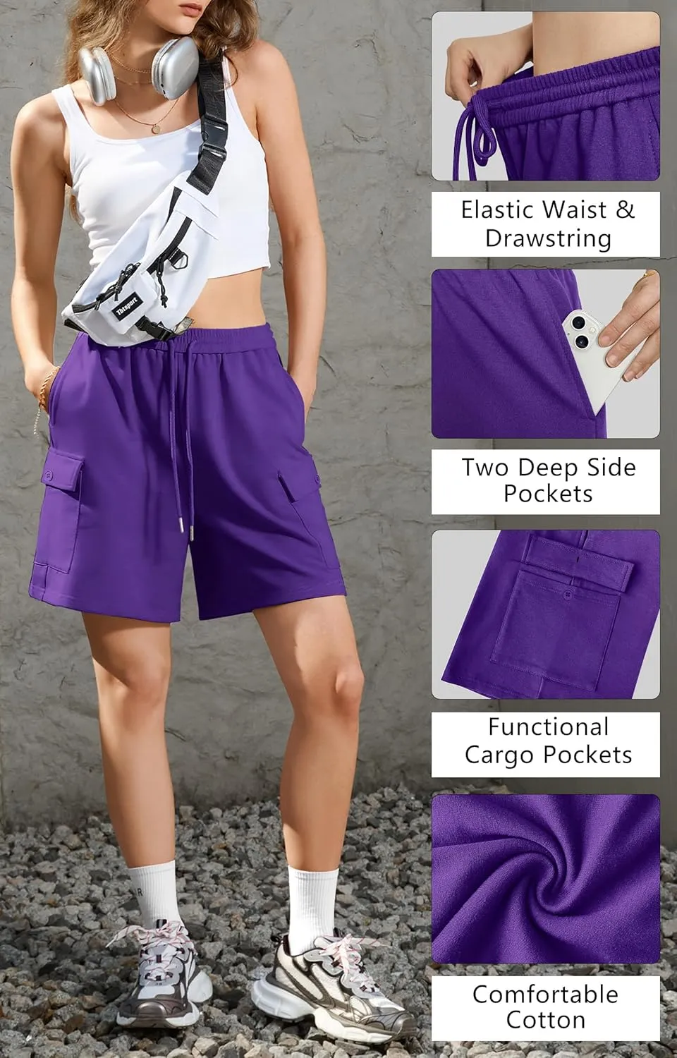 IVIR Women's Bermuda Shorts Sweat Shorts Knee Length Comfy Cotton Long Shorts with 4 Pockets for Summer Casual Hiking