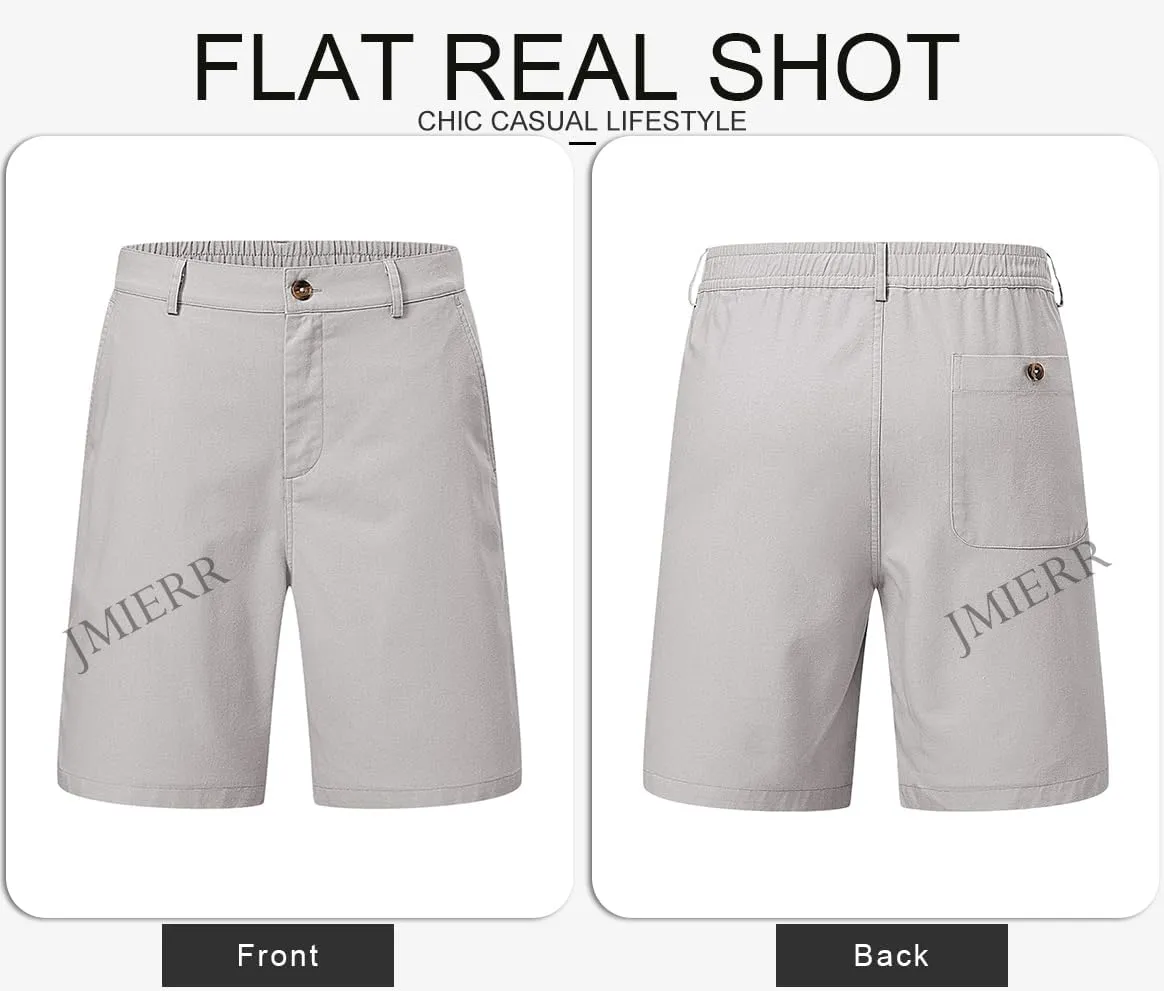 JMIERR Mens Casual 8" Cotton Linen Shorts - Button Waist Summer Beach Shorts with Pockets